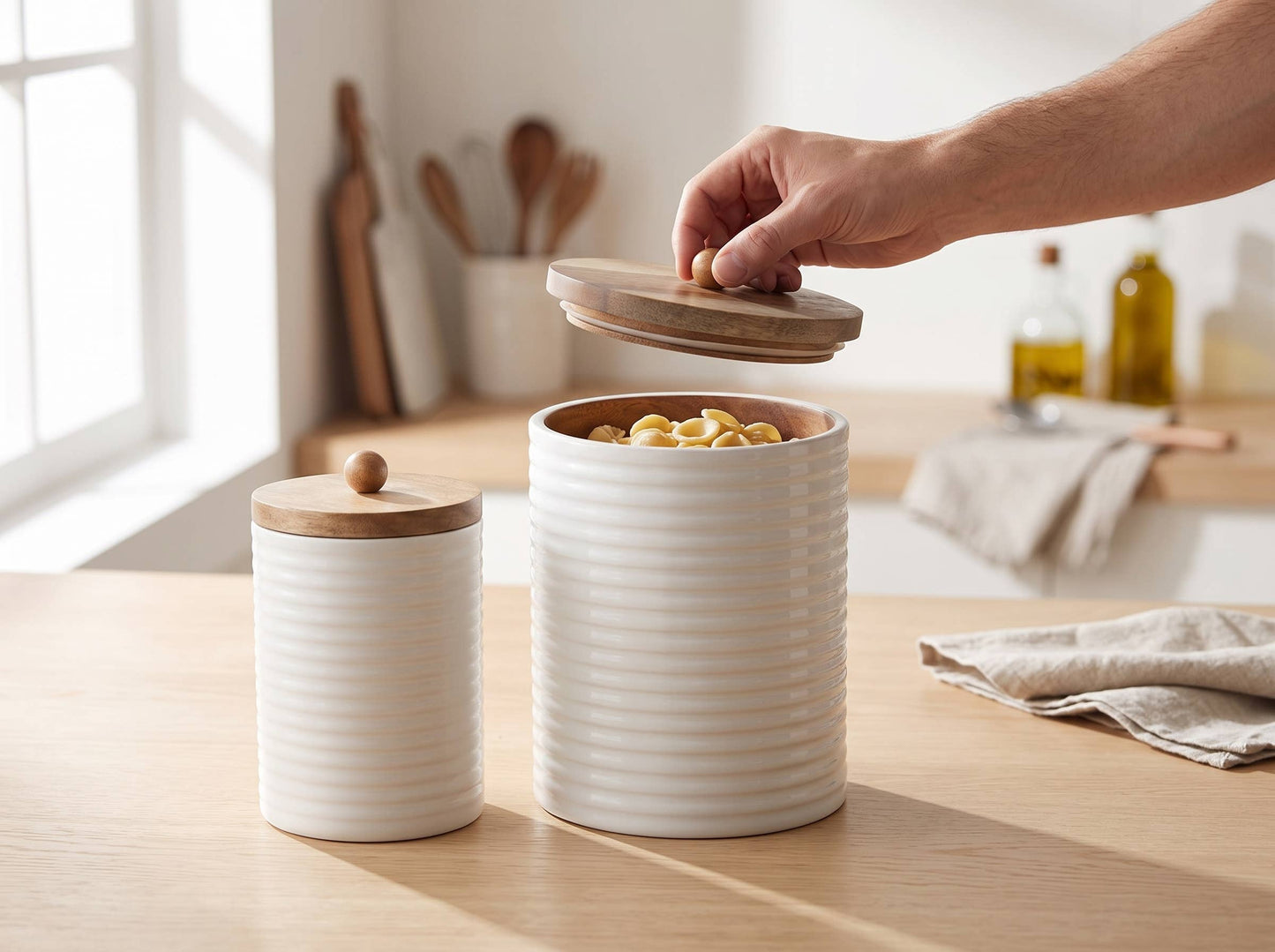 Mango Wood Tall Canister Set of 2 with White Lid