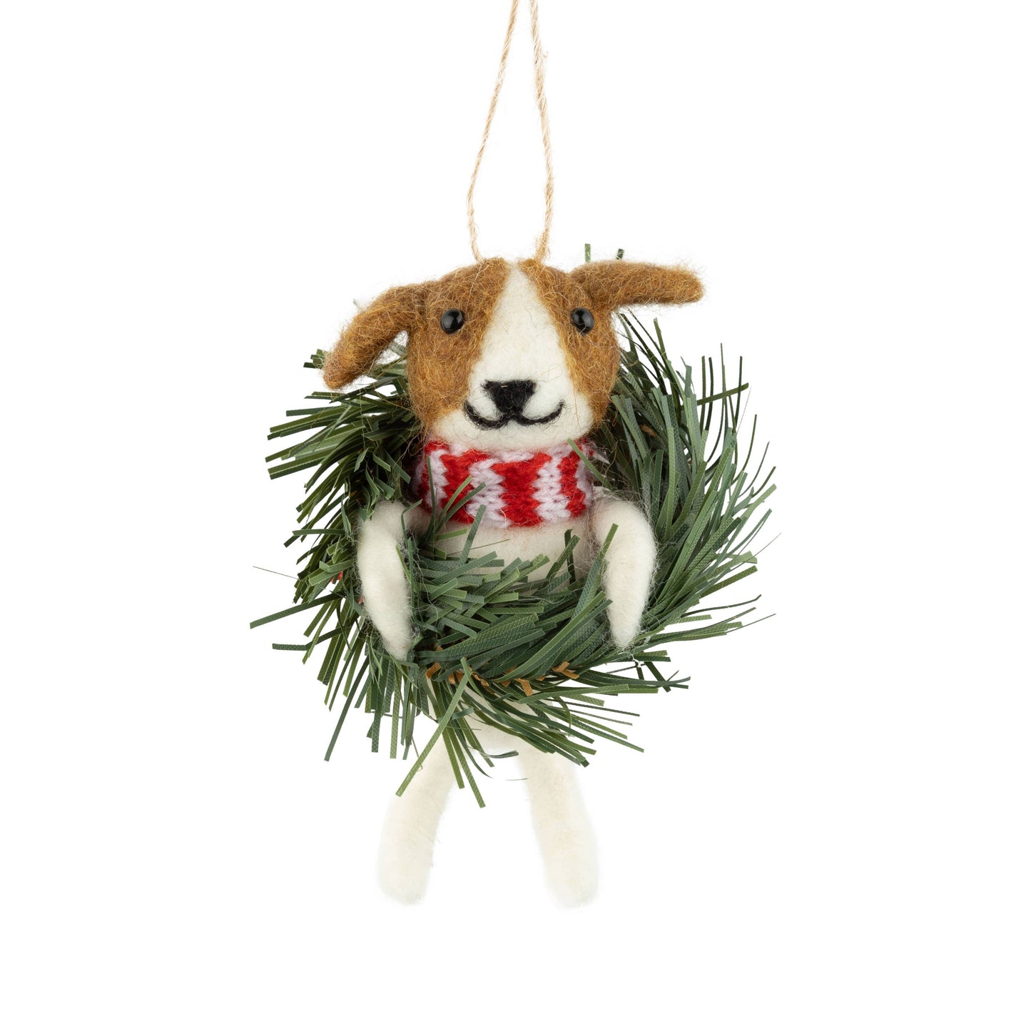 A22437:Felt dog in wreath orn, red/white scarf, 4 in