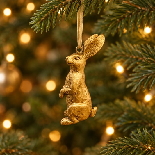 Antique gold hare ornament hanging on a Christmas tree