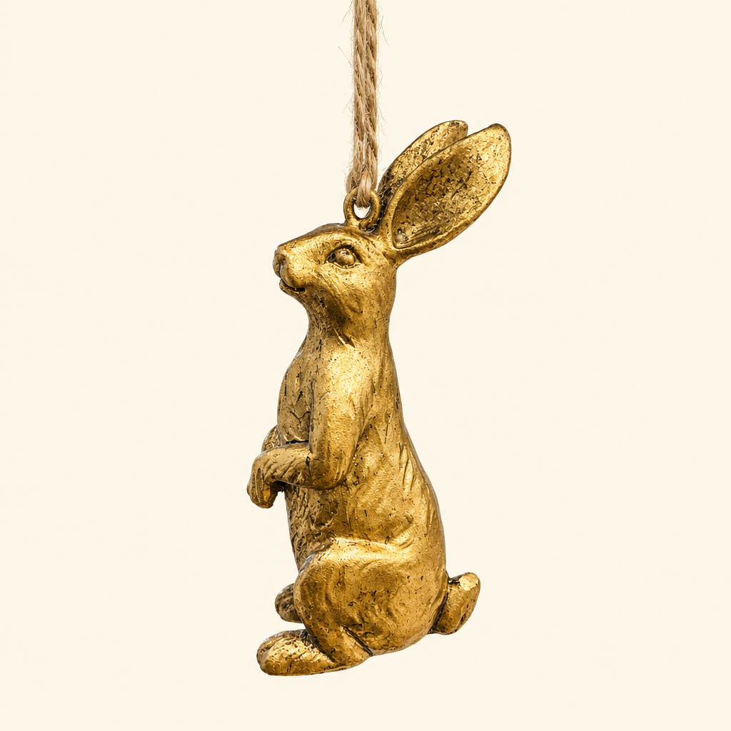 Antique Gold Hare Tree Ornament on a solid ivory background