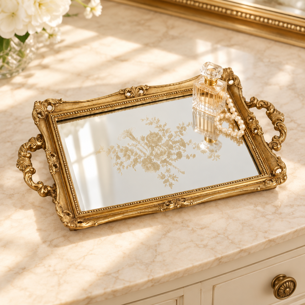 Antique Gold Tray styled on a vanity