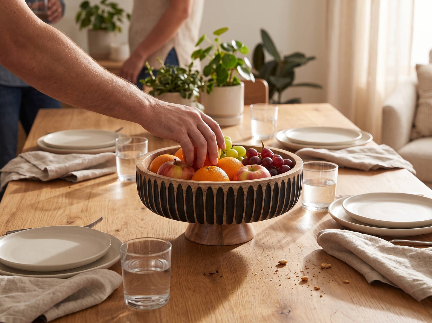 Large Wooden Flat Bowl with Black Lines