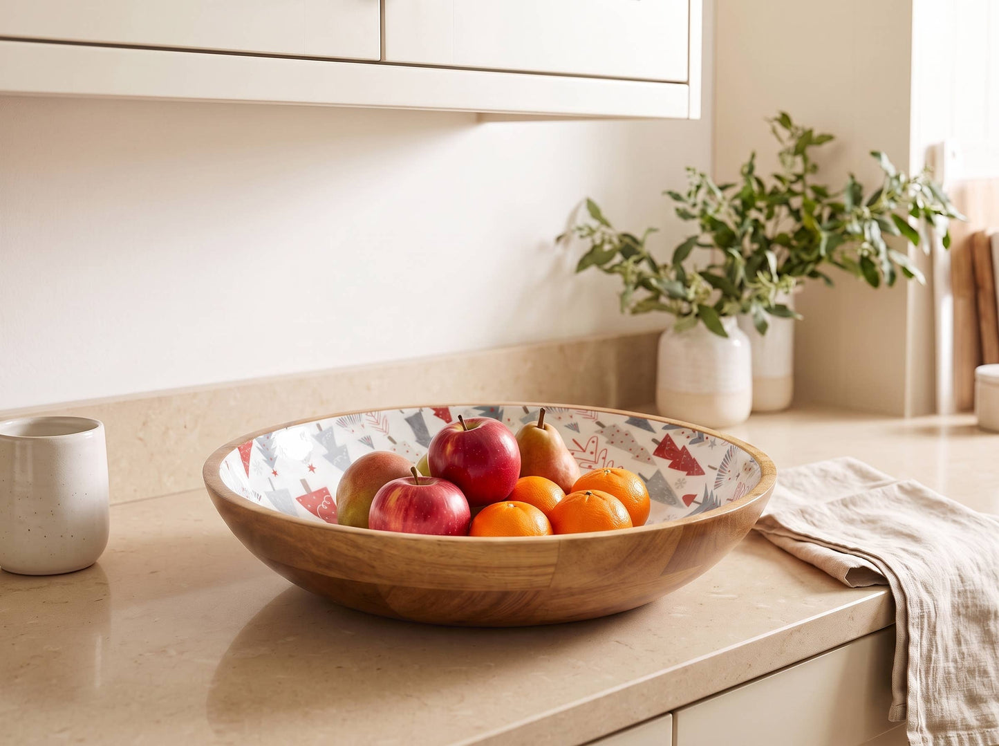 Large Wooden Serving Bowl with Holiday Enamel