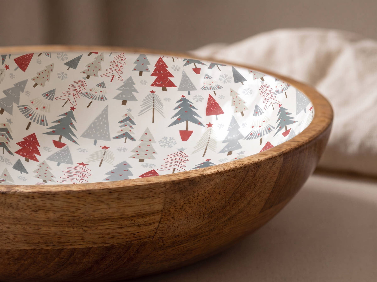 Large Wooden Serving Bowl with Holiday Enamel
