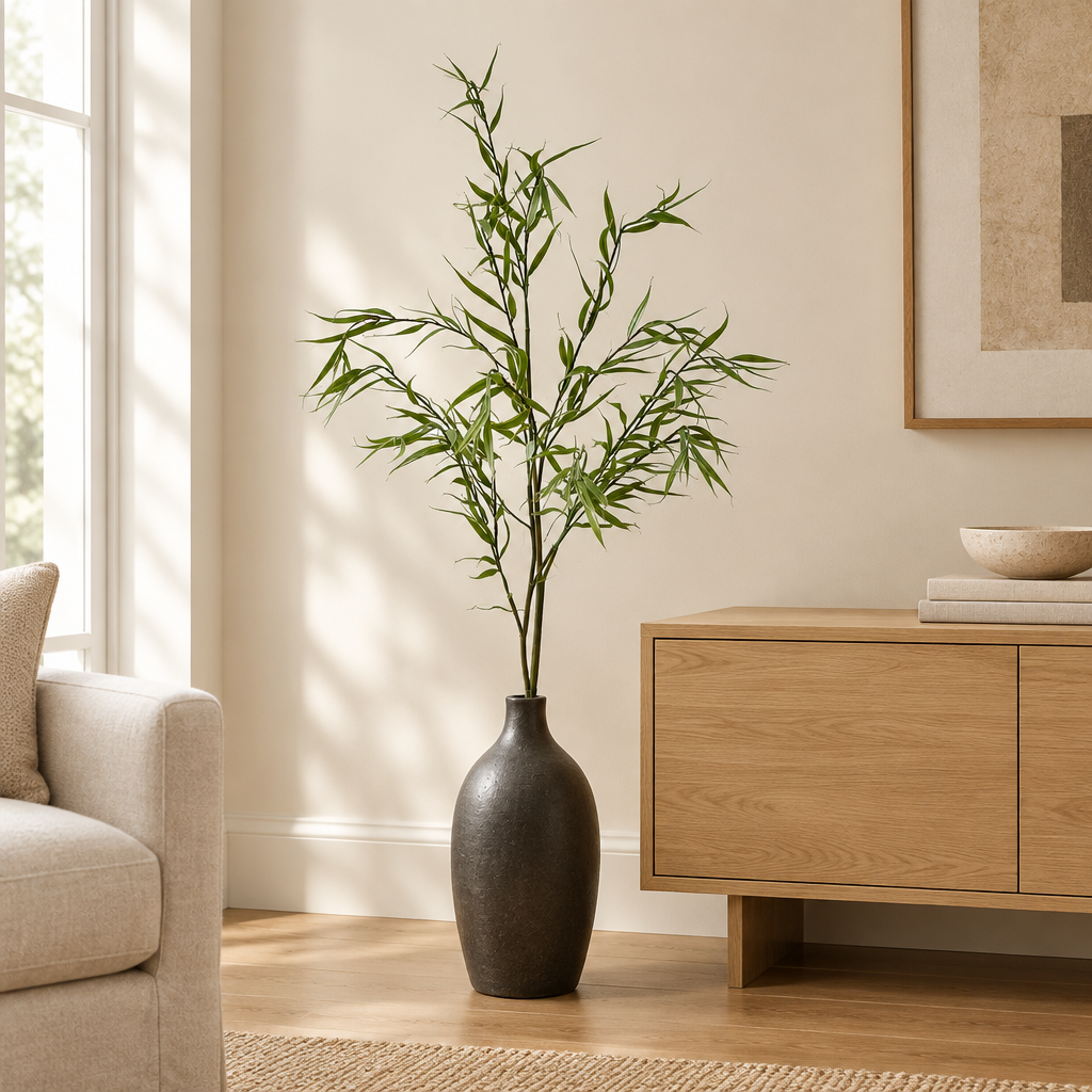 Bamboo stem styled in a charcoal floor vase beside an oak console