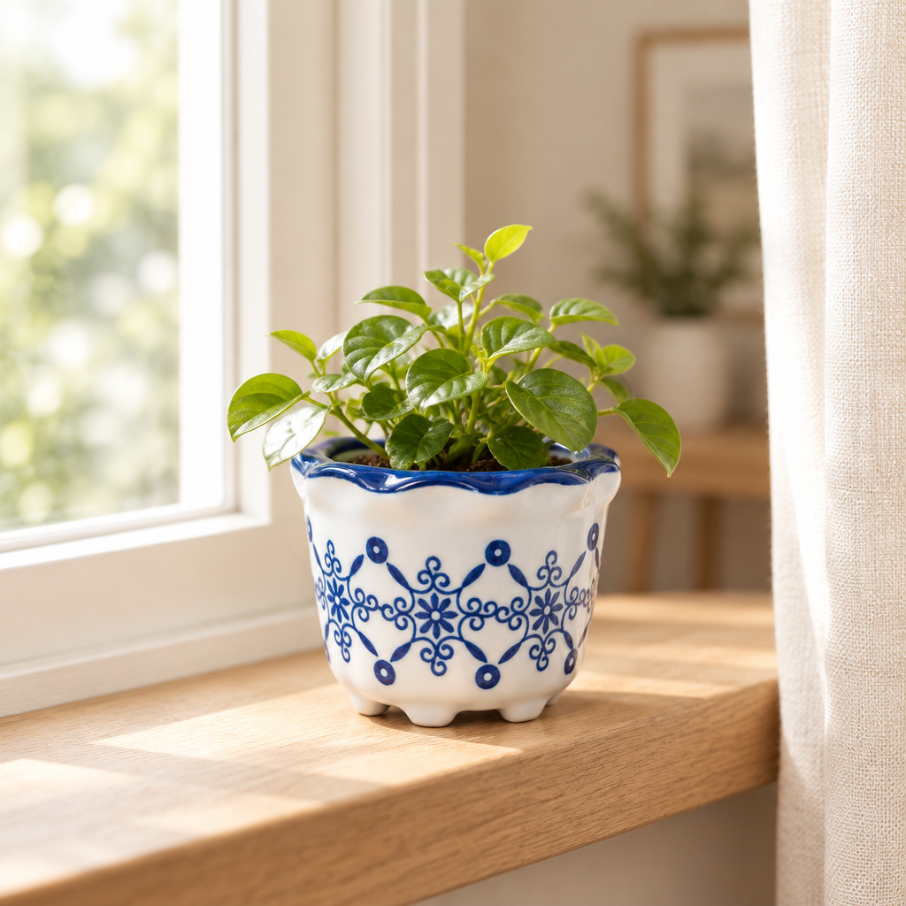 Blue-and-white porcelain planter styled on a windowsill