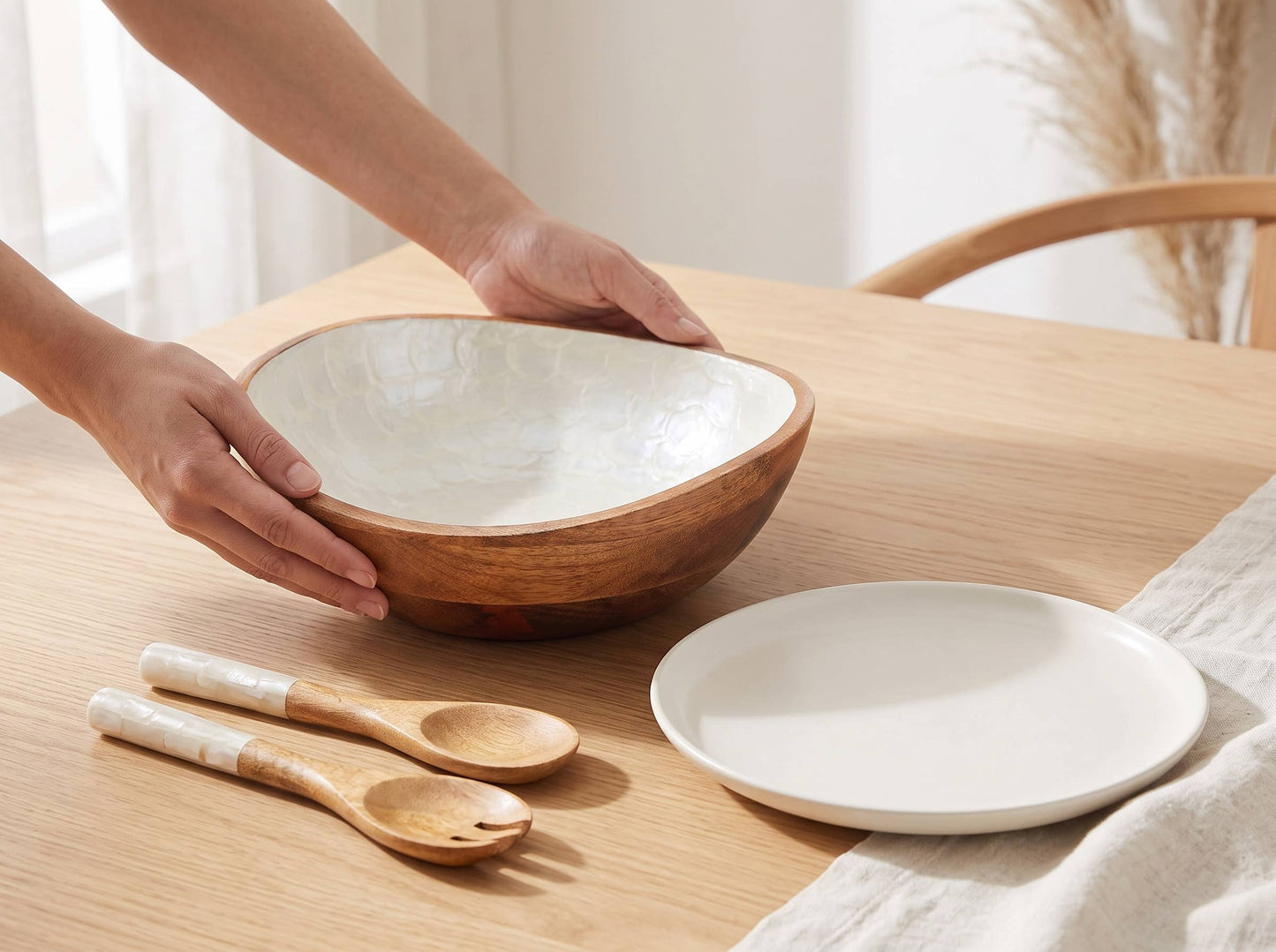 Wooden Serving Bowl and Servers with Pearl Enamel
