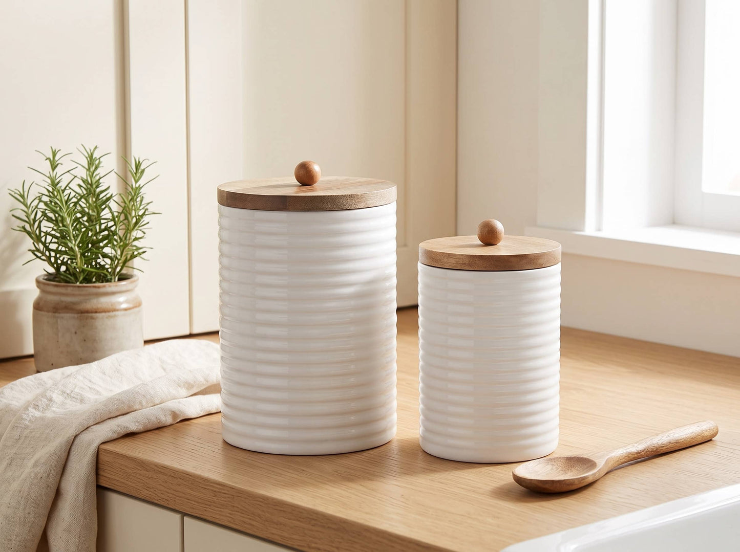 Mango Wood Tall Canister Set of 2 with White Lid