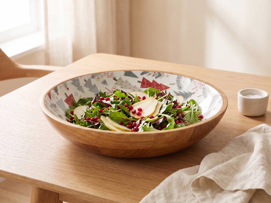 Large Wooden Serving Bowl with Holiday Enamel
