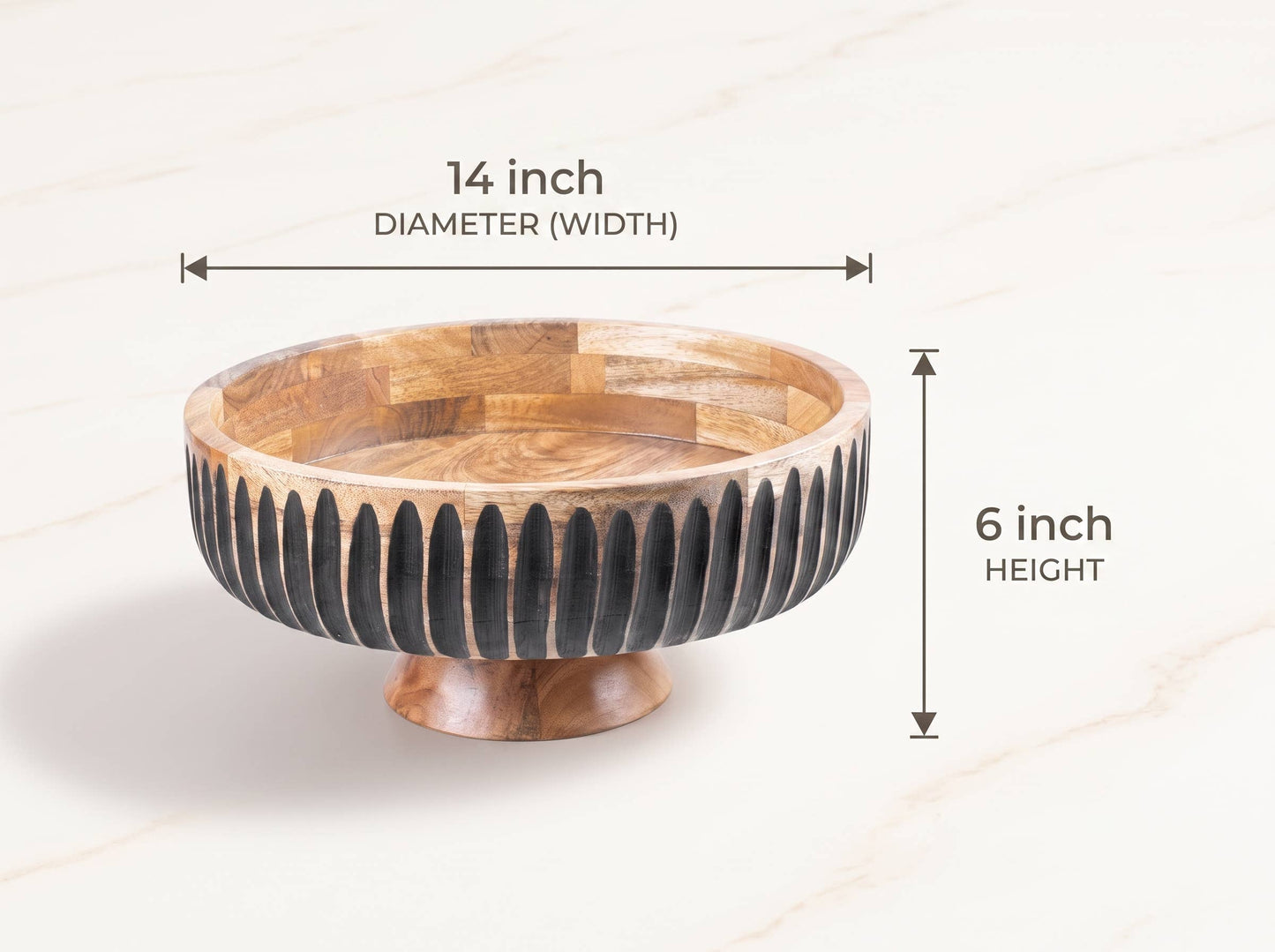 Large Wooden Flat Bowl with Black Lines