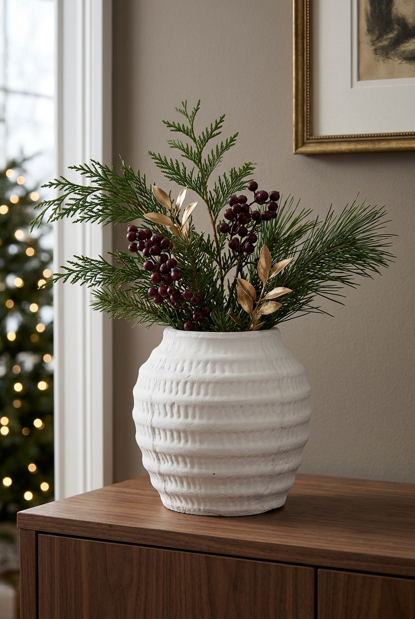 Celeste White Ceramic Vase styled with Christmas greenery on a walnut sideboard