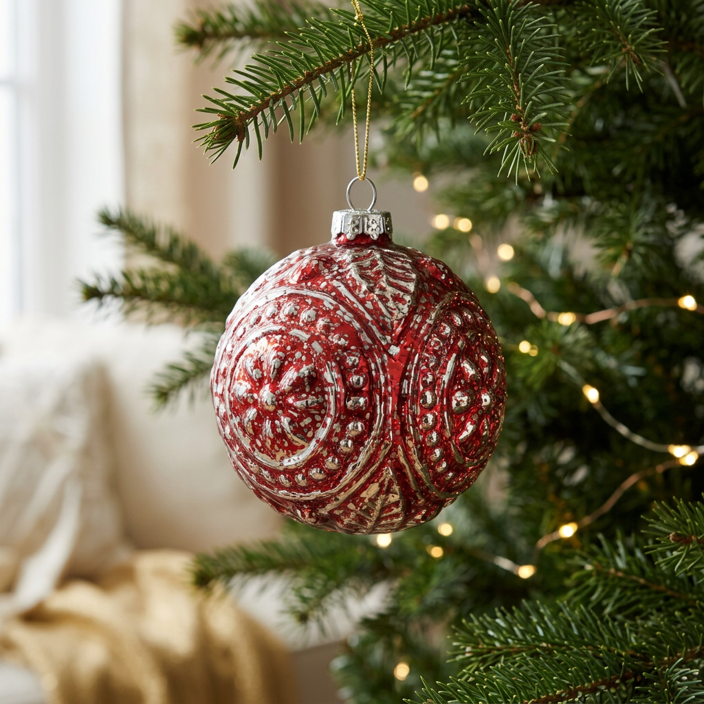Cranberry glass ornament styled on a Christmas tree