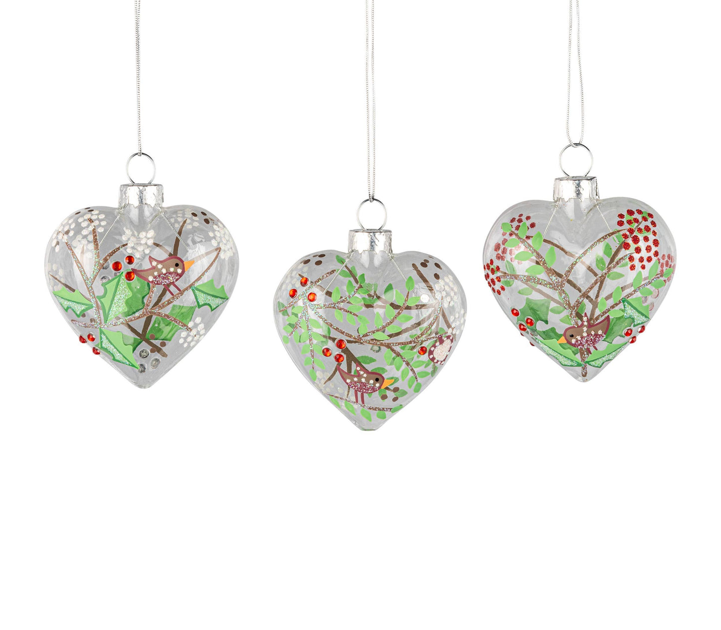 G74250:3 Asst'd clear glass heart orns w/ scandi bird pri
