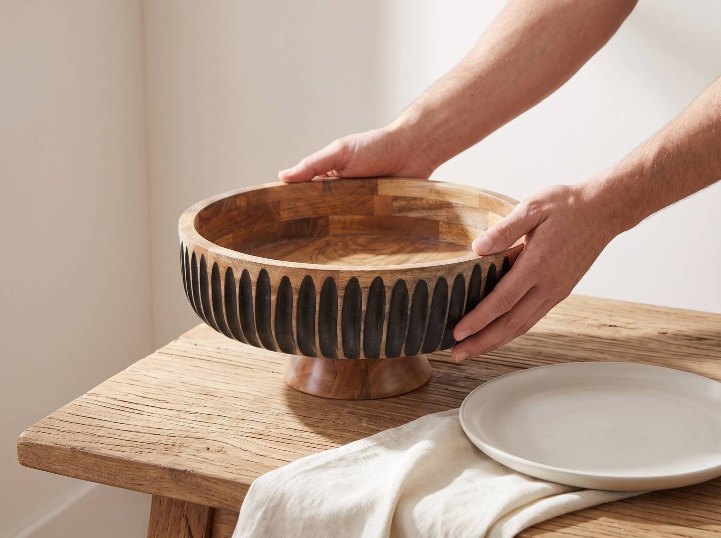 Large Wooden Flat Bowl with Black Lines