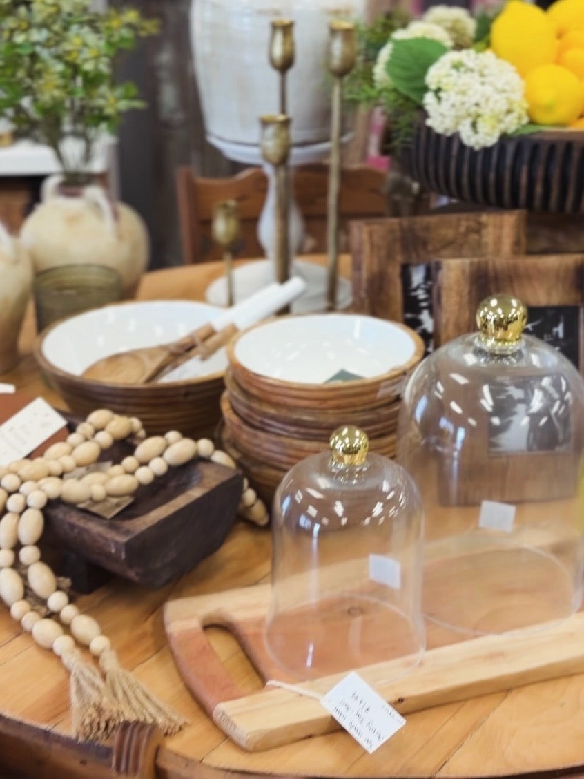 Wood serving bowls, decorative tray and home decor accessories styled at DecorChic Living.