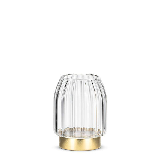 Gala petite ribbed glass LED vase with gold base on white background