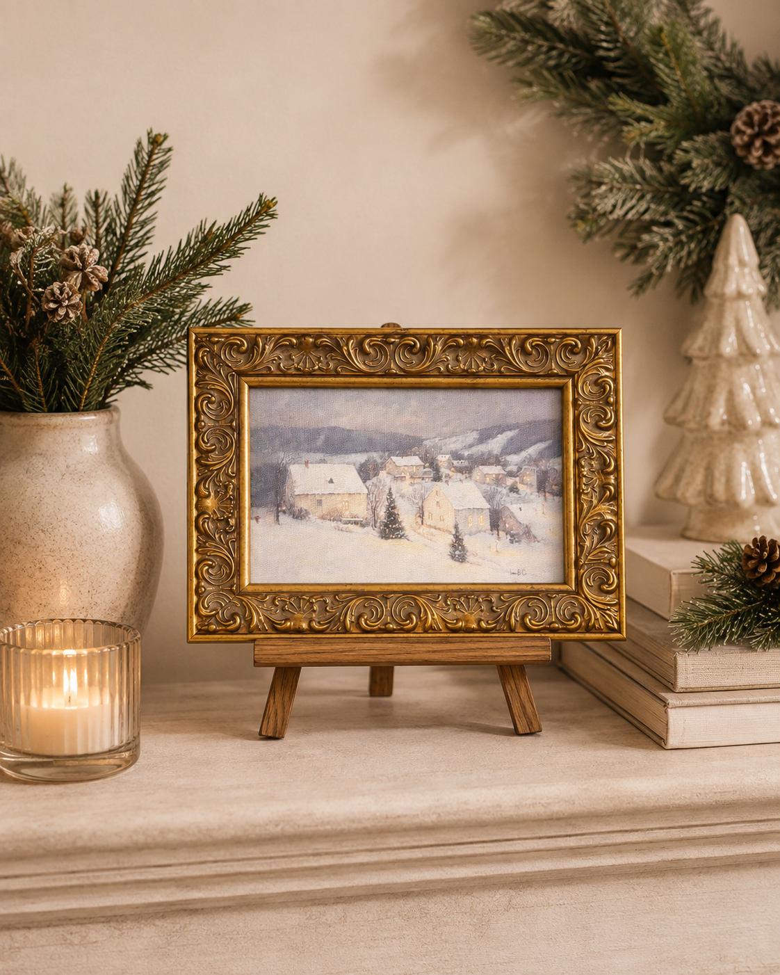 Lunar Night framed art styled on a small easel with evergreen branches, candle and neutral holiday decor
