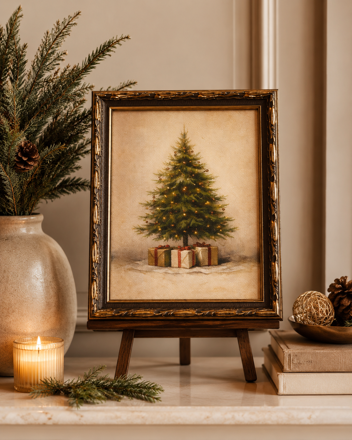 Rustic Christmas Tree framed art styled on a small easel with evergreen branches, candle and neutral holiday decor