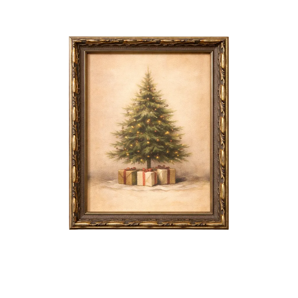 Rustic Christmas Tree framed art featuring a softly lit Christmas tree with wrapped gifts in a vintage-inspired gold frame