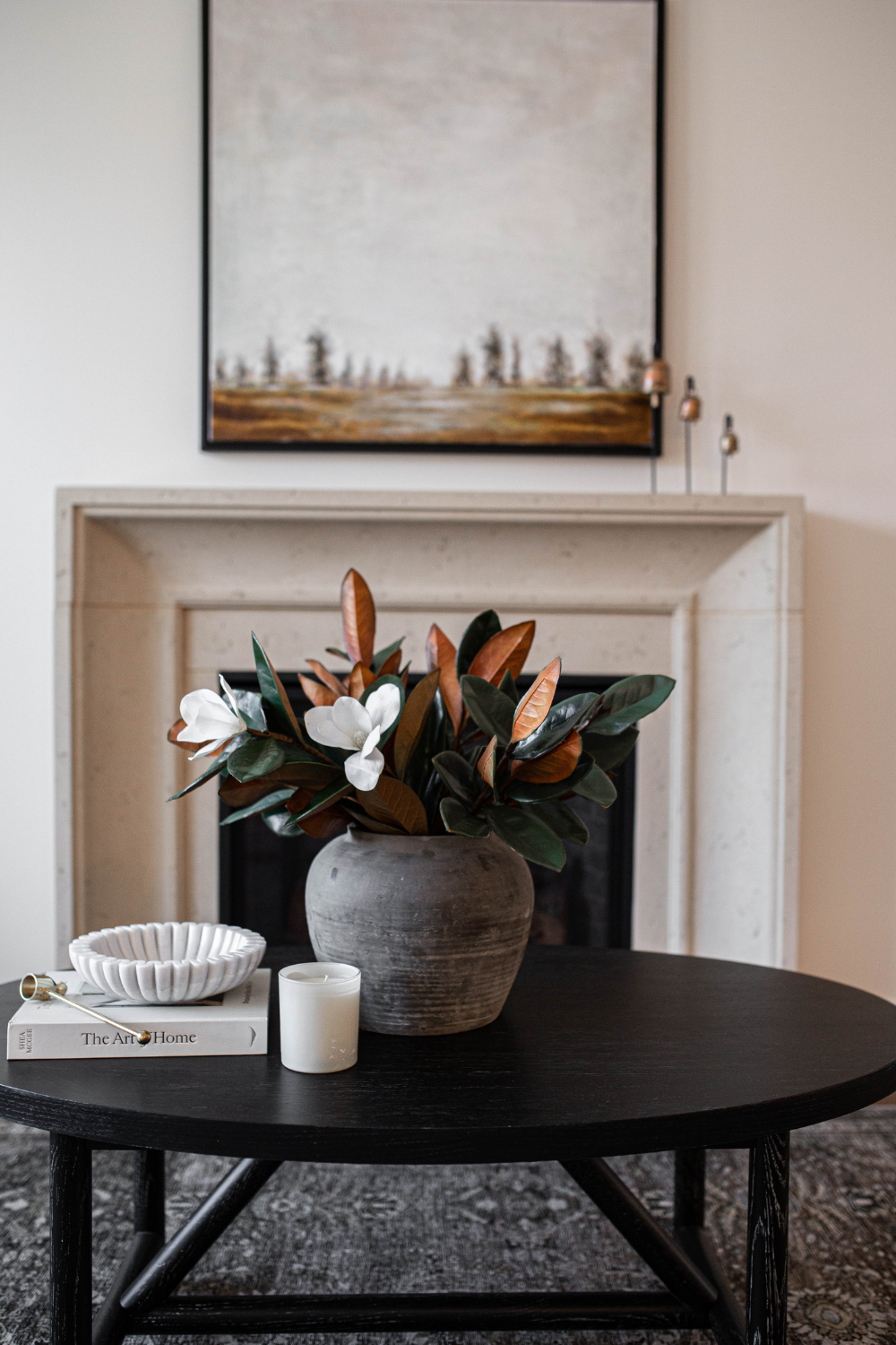 Small faux magnolia stem with two white flowers and hand-painted leaves