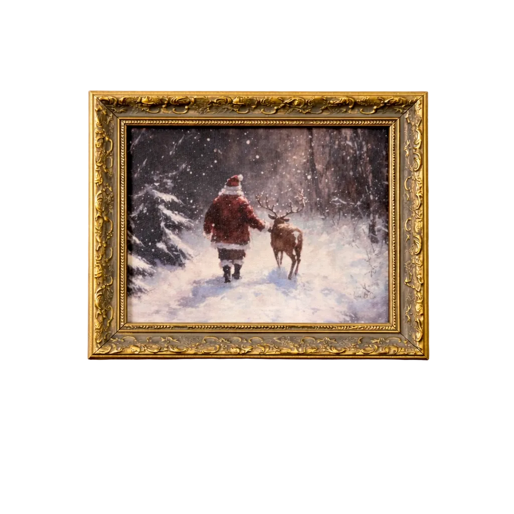 Wandering Saint Nicholas framed art featuring Saint Nicholas and a reindeer in a snowy woodland scene with an ornate gold frame