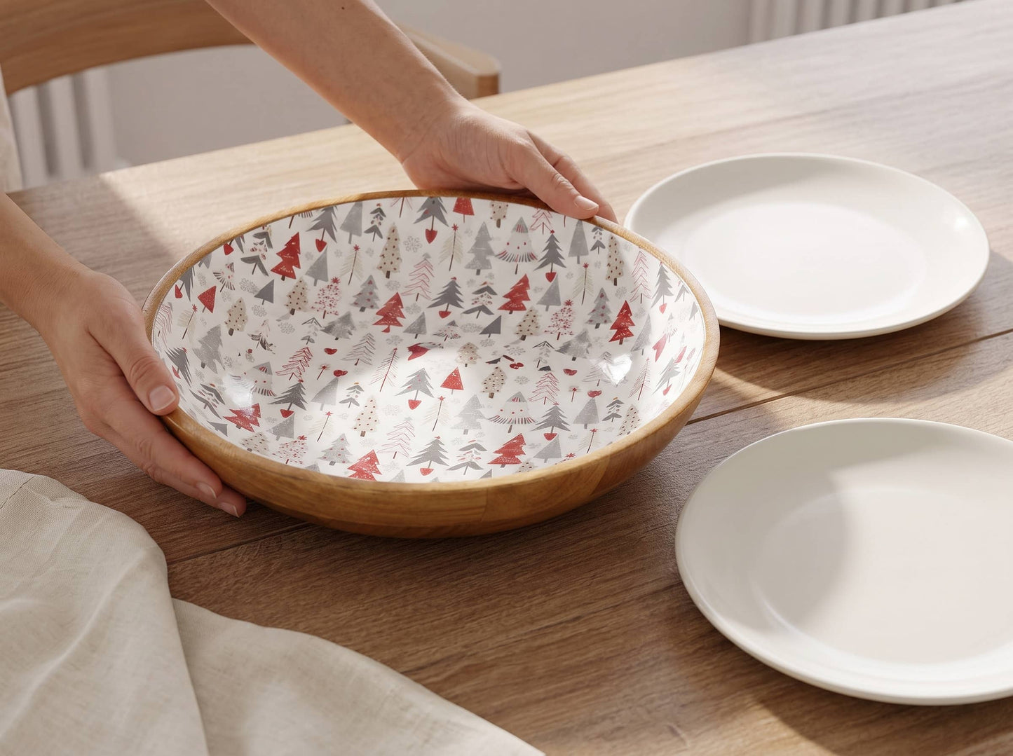 Large Wooden Serving Bowl with Holiday Enamel