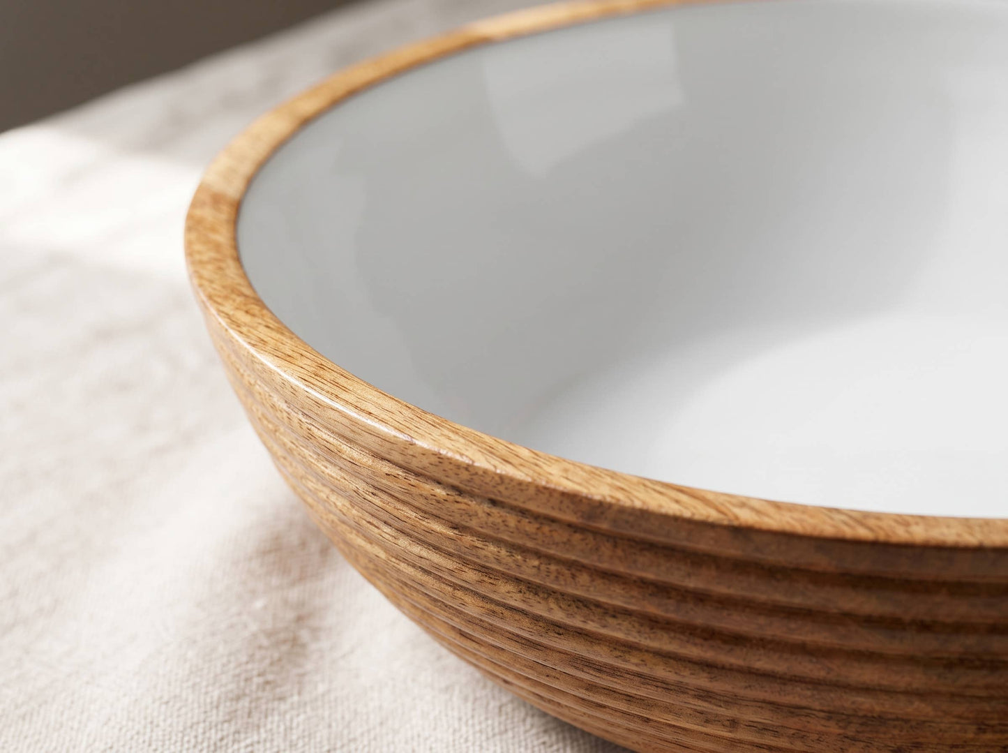 Large Wooden Salad Bowl with White Enamel