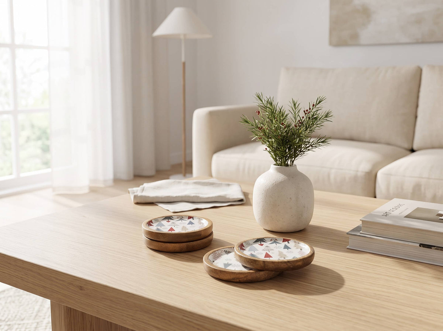 Mango Wood Christmas Coasters Set of 4 with Enamel