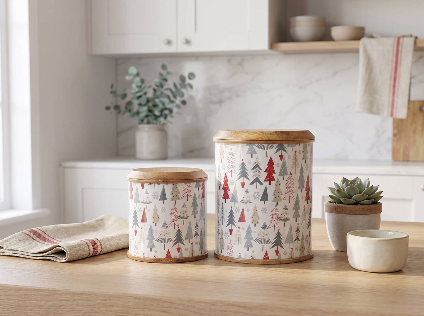 Mango Wood Christmas Canister Set of 2 with Enamel