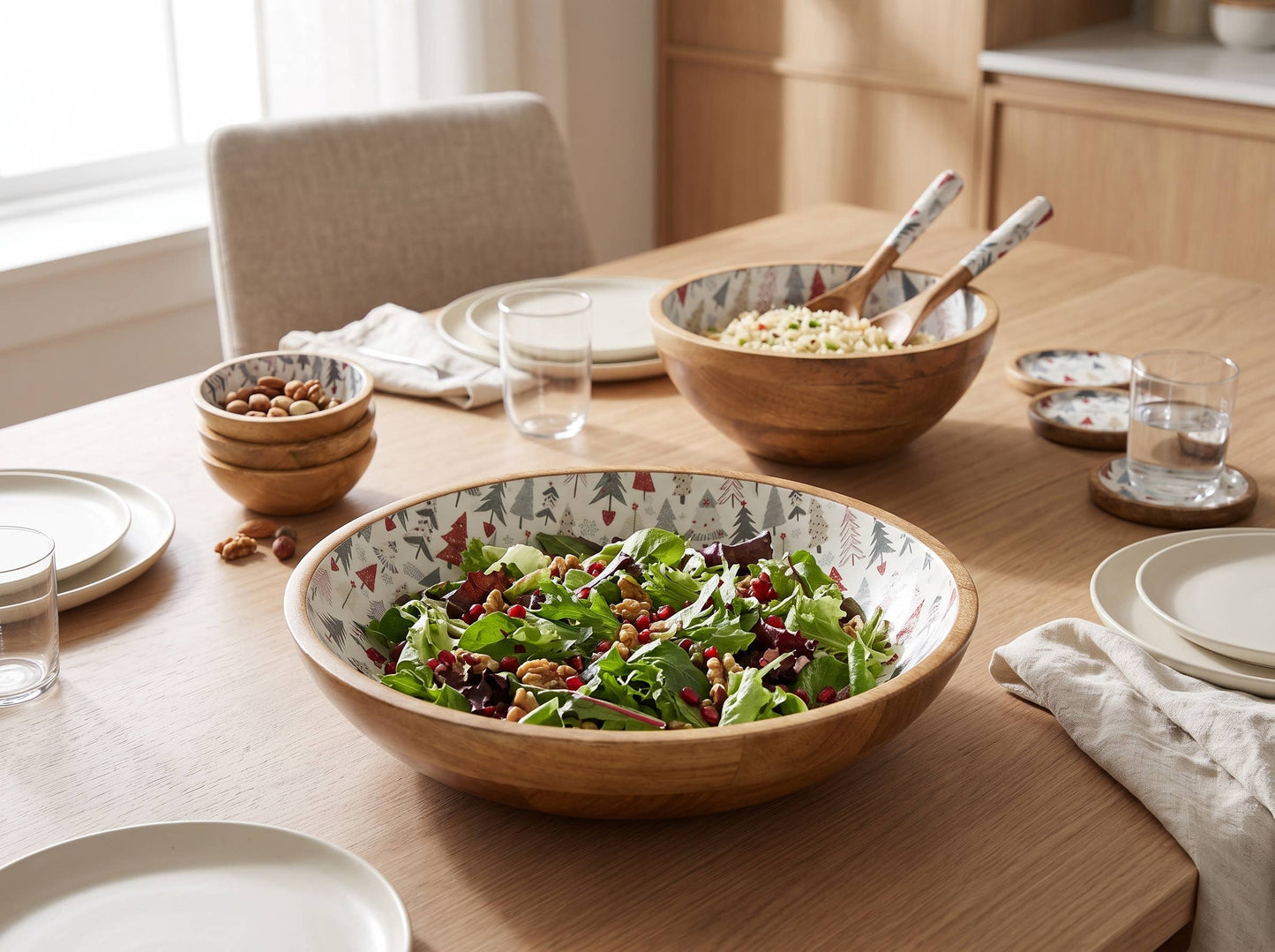 Large Wooden Serving Bowl with Holiday Enamel
