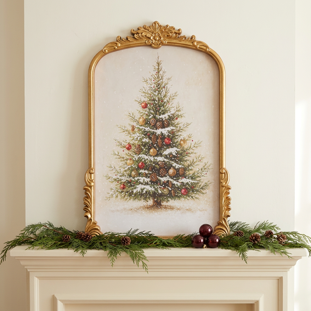 Framed Christmas tree artwork styled on a mantel with holiday greenery