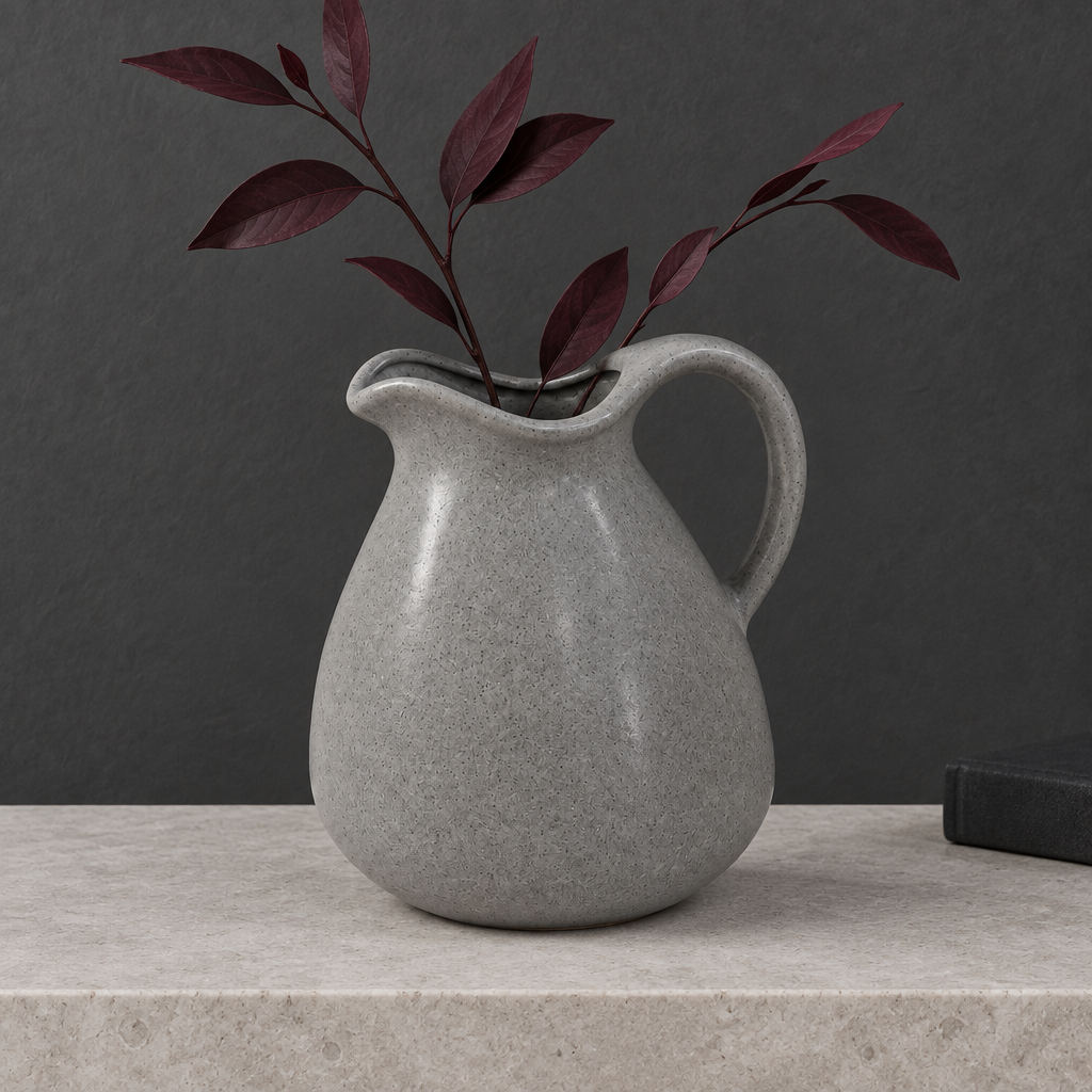 Grey jug vase styled against a charcoal backdrop with burgundy foliage