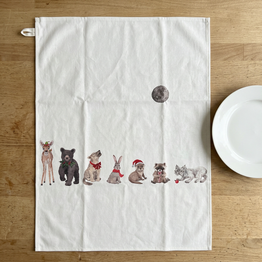 Maison Lorrain Tea Towel - Christmas Baby Animals & Moon - Designed in Canada