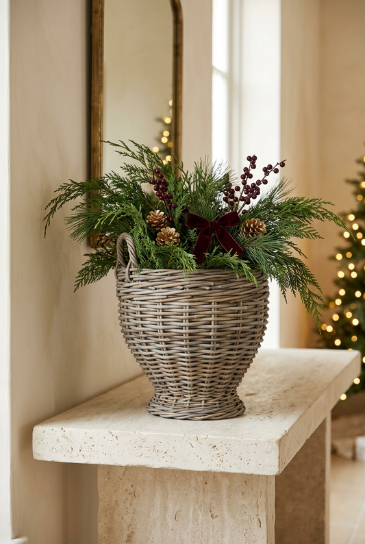 Kubu Grey Rattan Urn styled with an elegant Christmas arrangement in an upscale foyer