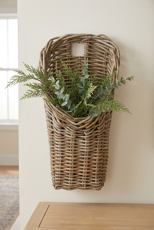 Kubu Tall Wall Basket styled with greenery on a neutral entryway wall
