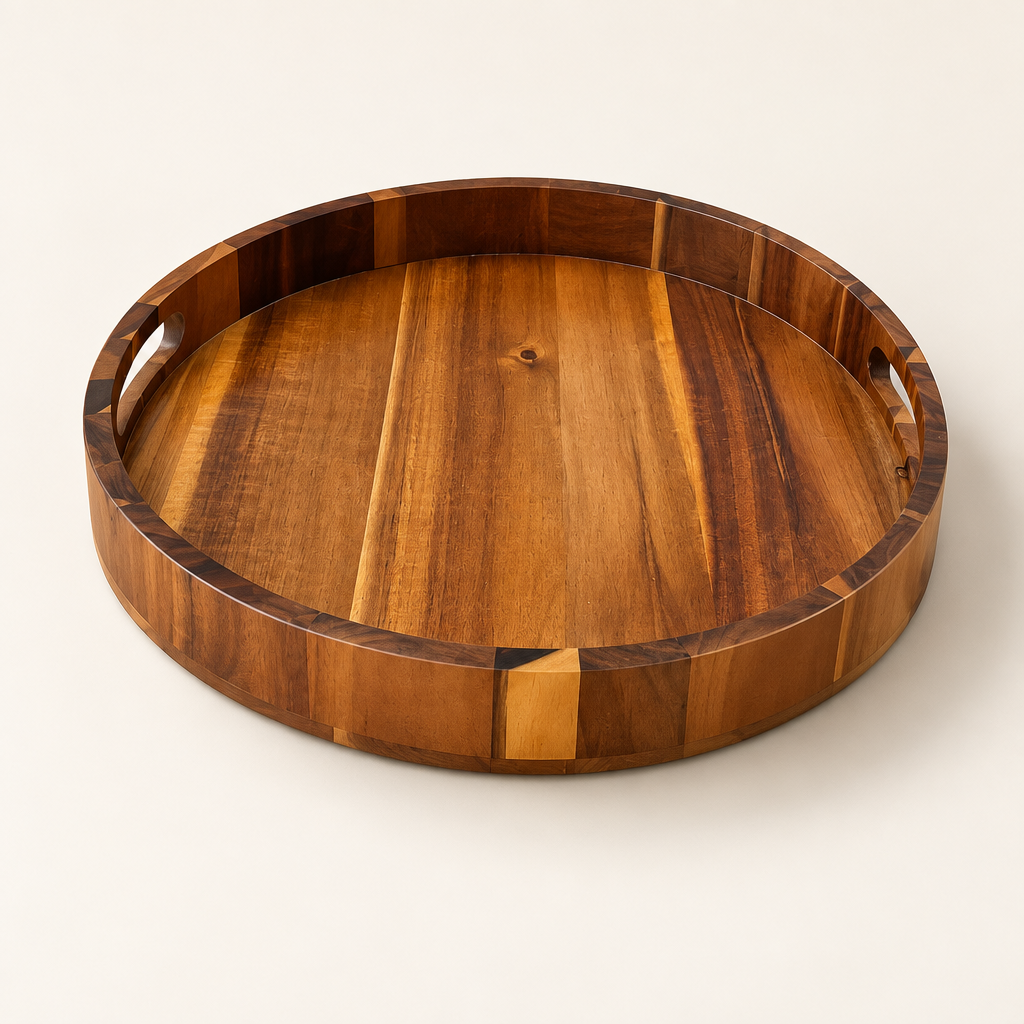 Round wood tray on a clean neutral background