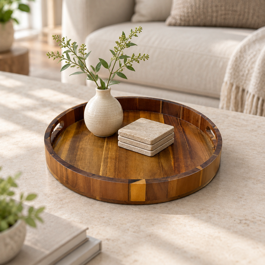 Round wood tray styled with a small cream vase and coasters