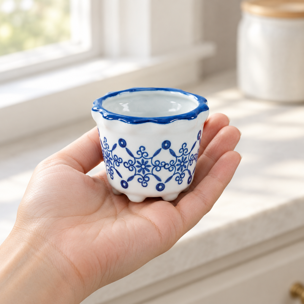 Small blue-and-white porcelain pot held in a hand