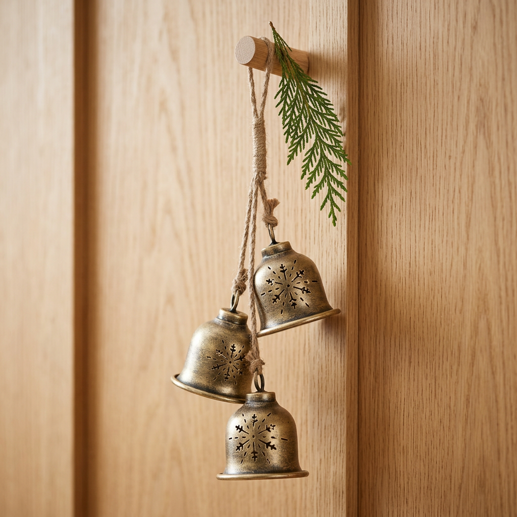 Snowflake bells styled simply on a light oak door