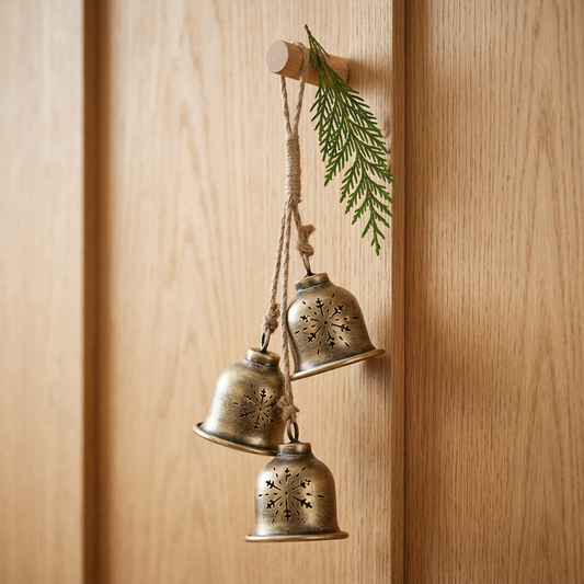 Snowflake bells styled simply on a light oak door