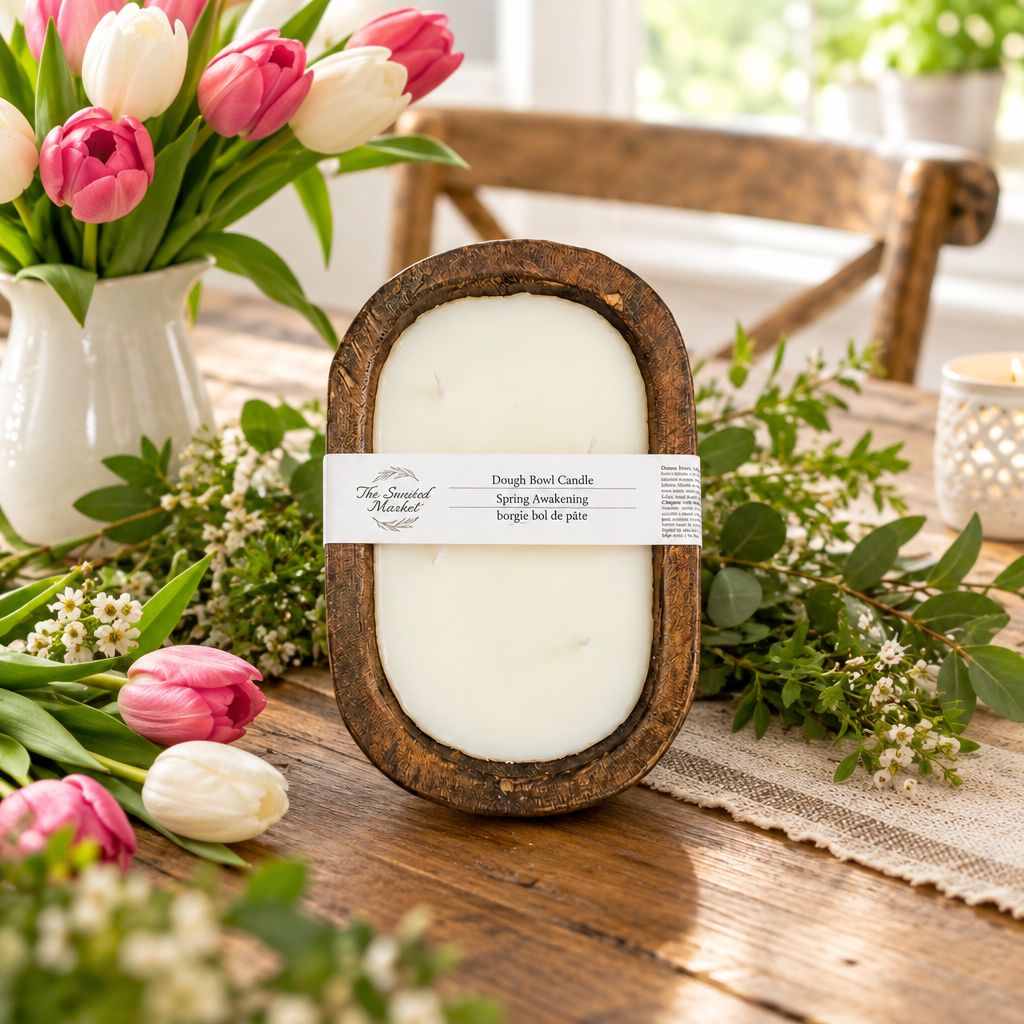 The Scented Market - Brown Oval 4 Wick Dough Bowl Soy Candle - SPRING AWAKENING