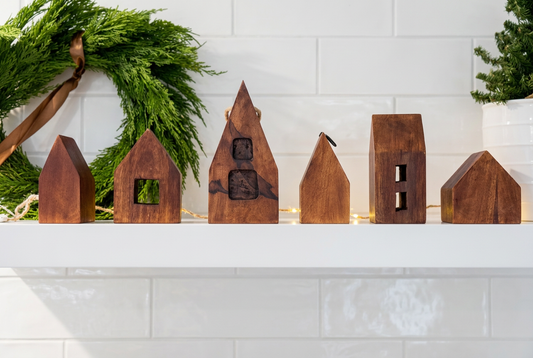 Tighter, brighter kitchen shelf photo focused on the wooden houses